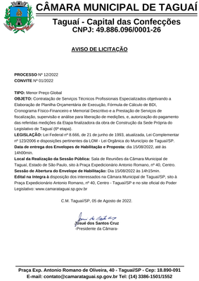 Aviso de Licitação 01.2022